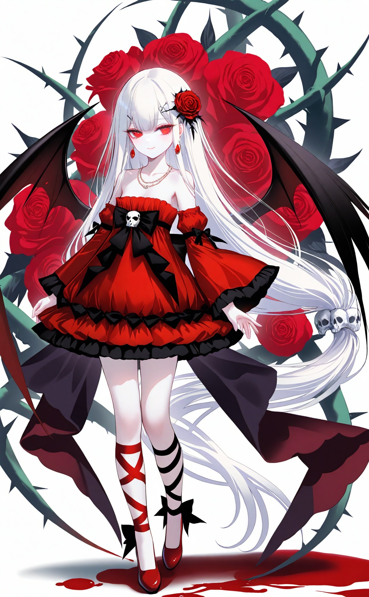 masterpiece,best quality,high quality,loli,(artist:ningen_mame:0.9),(artist:sho_(sho_lwlw):0.9),(artist:rhasta:0.9),(artist:wlop:0.7),(artist:ke-ta:0.6),(fkey:0.5),(tianliang duohe fangdongye:0.5),(hiten \(hitenkei\):0.6),loli,[Artist miwano rag],[Artist chen bin],Artist Sheya,loli,1girl,red eyes,solo,flower,long hair,dress,red dress,red flower,white background,very long hair,hair ornament,full body,red footwear,rose,blood,white hair,skull,hair flower,red rose,bare shoulders,jewelry,smile,simple background,breasts,looking at viewer,pale skin,standing,thorns,long sleeves,earrings,detached sleeves,wide sleeves,low-tied long hair,wings,leg ribbon,off shoulder,bow,closed mouth,necklace,absurdly long hair,