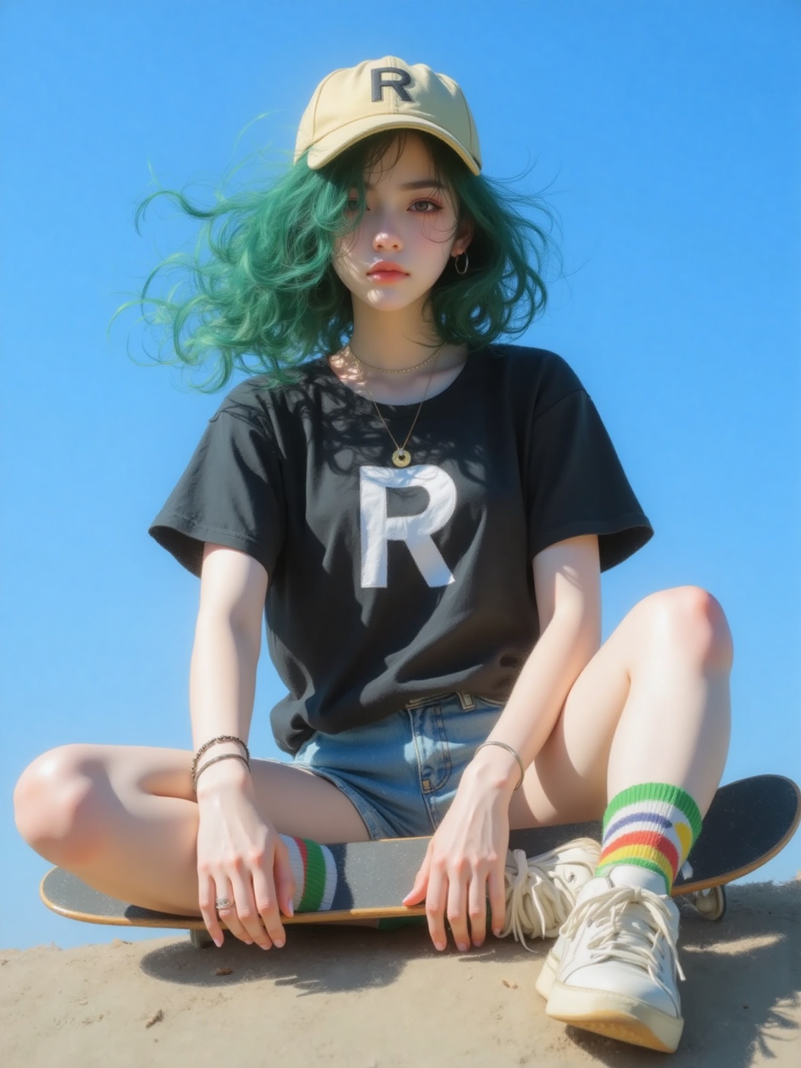 This photo is a highly detailed digital artwork depicting an striking young woman. She sits on the ground with her legs sp...