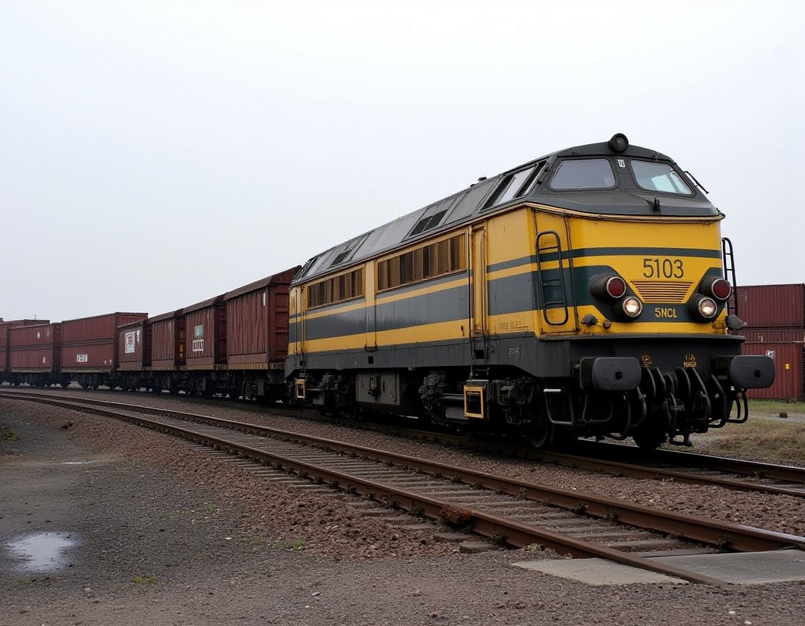 SNCB Series 51 diesel locomotive in yellow livery .A freight train,  prominently featuring the locomotive number 5103,  is...