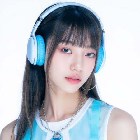 this kpop concept photo features a girl wearing blue headphones against a white backdrop,  close up shot on Tensor.Art