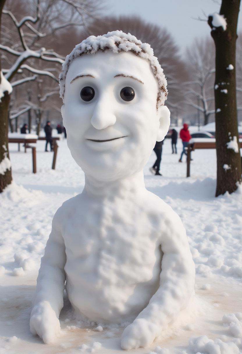 Realistic photograph of a Mark Zuckerberg snow sculpture,  crafted entirely from snow. The snow sculpture's texture is une...