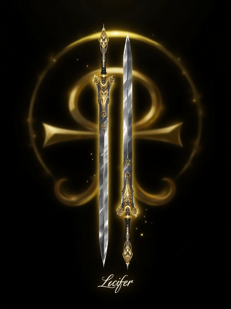 This digital artwork by DeviantArt user Link321 features two gleaming,  ornate swords with intricate gold accents and a my...