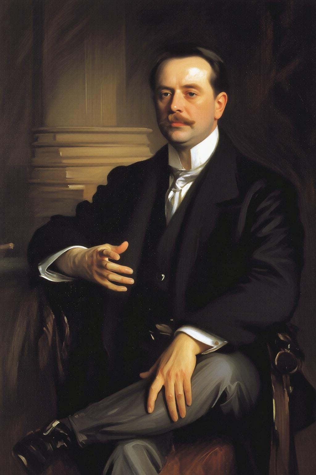 johnsingersargent6q painting.A mustachioed man is seated with his legs crossed,  dressed in a dark suit with a white shirt...
