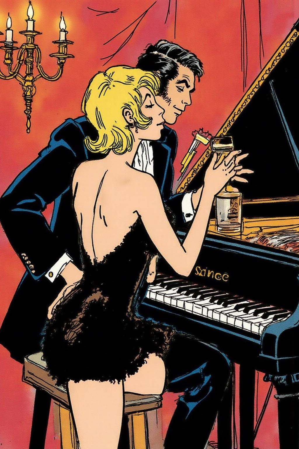 hugop1 illustration. A Couple flirting beside a piano in a bar. The blonde woman is in a black mini dress. The man wears a...