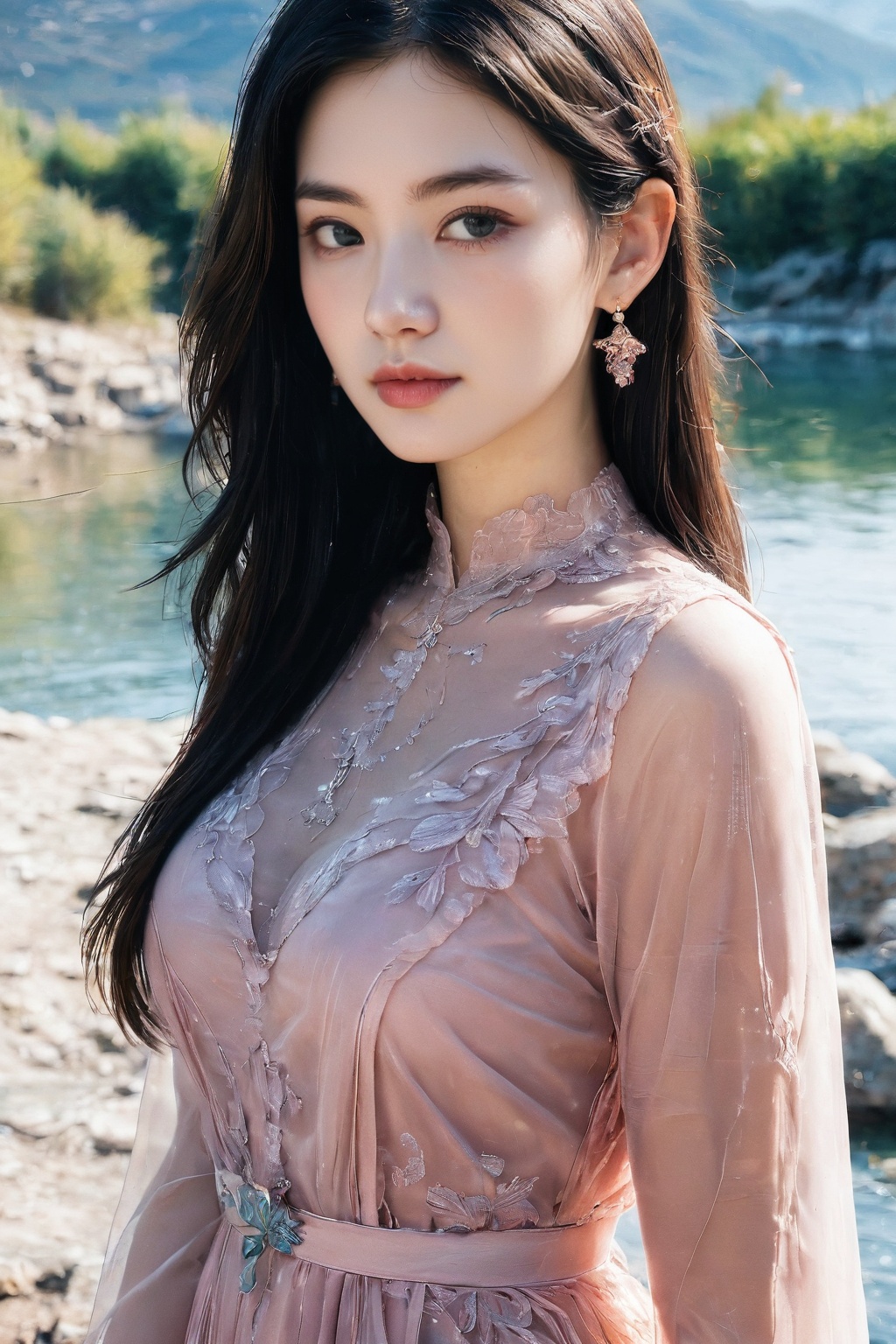 1girl, solo, portrait, young, long hair, dress, pink dress, jewelry, earrings, outdoors, black hair, mountain, see-through, water, hair ornament, 