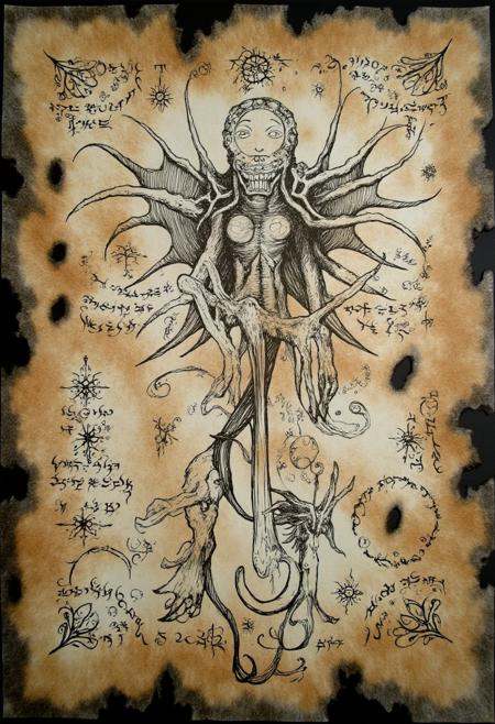 ncrnmcn,  A torn book page reveals an illustration of a spectral figure,  hovering above the ground. Its elongated limbs f...