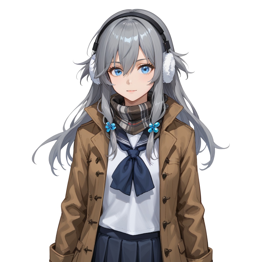 (white background:1.2),looking at viewer,(SOLO:1.4),outline,simple background,upper body, cowboy shot,looking at viewer,(((arms at side))),  fu hua,long hair,bangs,blue eyes,hair between eyes,hair ornament,grey hair,blue hair,skirt,shirt,gloves,long sleeves,school uniform,jacket,white shirt,pleated skirt,shoes,serafuku,black and white plaid scarf,blue skirt,coat,brown footwear,loafers,brown coat,stand collar Overcoat,fur Earmuff,white leg warmer,long leg warmer,Loose Knit Leg Warmers,<lora:jidaoweiyuanzhang0pony:0.6>