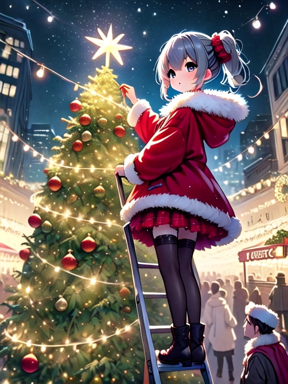 ((christmas tree with festive lights)),  ((1girl)),  standing on stepladder on Tensor.Art