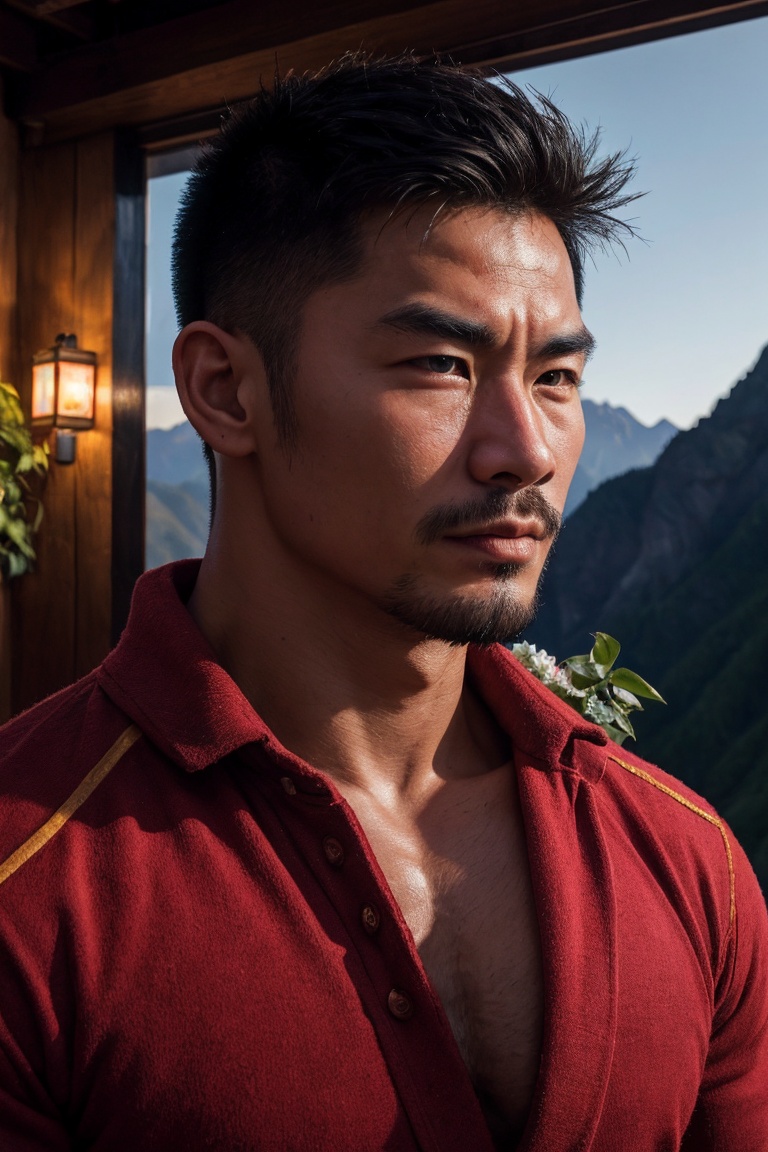 face portrait of a gruff muscular Chinese man in a cozy mountain inn overlooking a valley,  manly,  athletic body on Tenso...