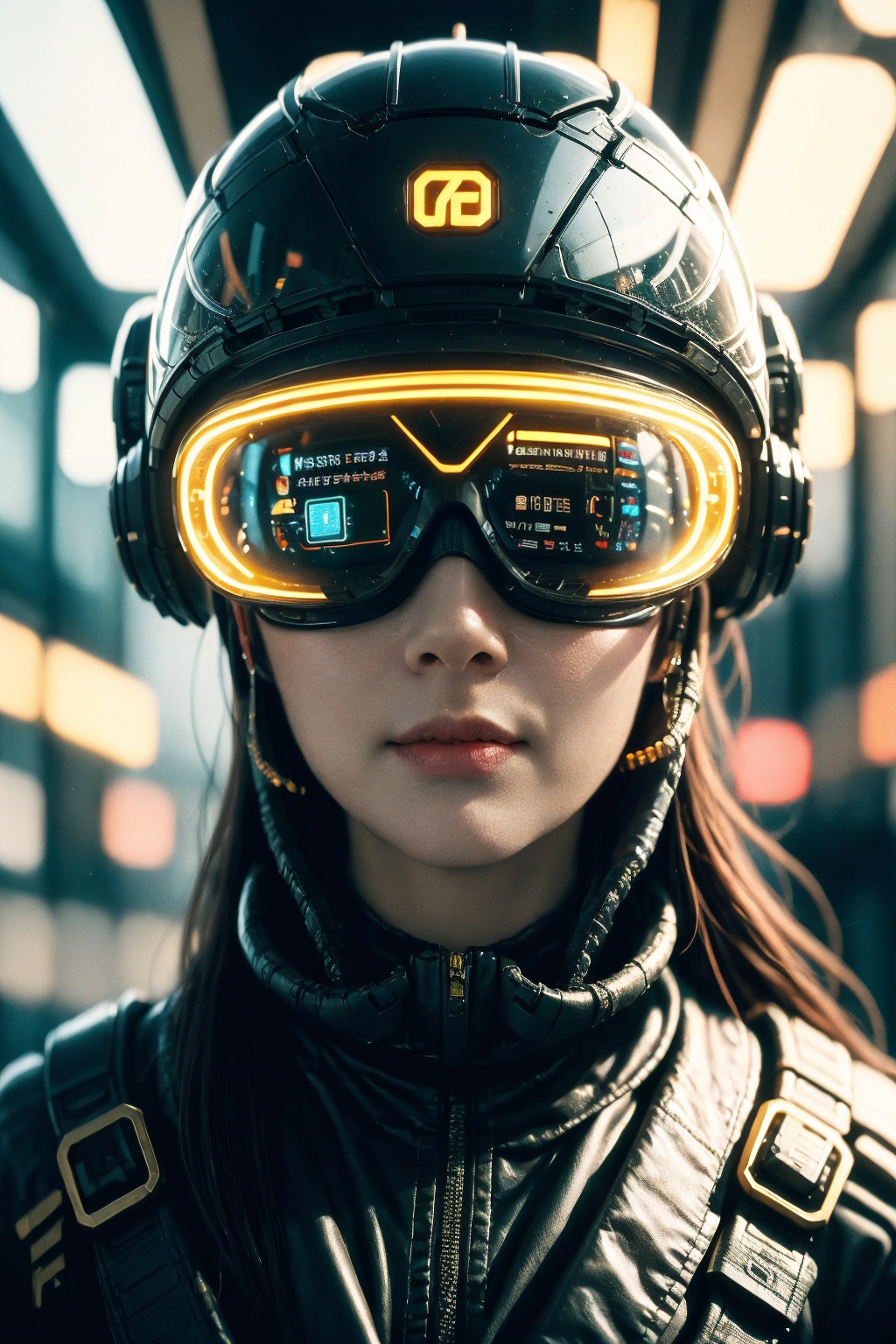 cyberpunk, solo, science fiction, helmet, transparent eye mask, blurry, 1girl, cable, blurry background, realistic, portrait, lips, looking at viewer, depth of field, straight-on, android, glowing, tube, closed mouth, cyborg
