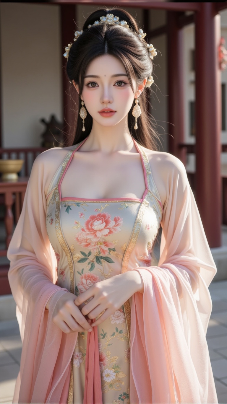 A serene woman adorns a majestic palace setting,  dressed in an exquisite ancient Chinese attire on Tensor.Art