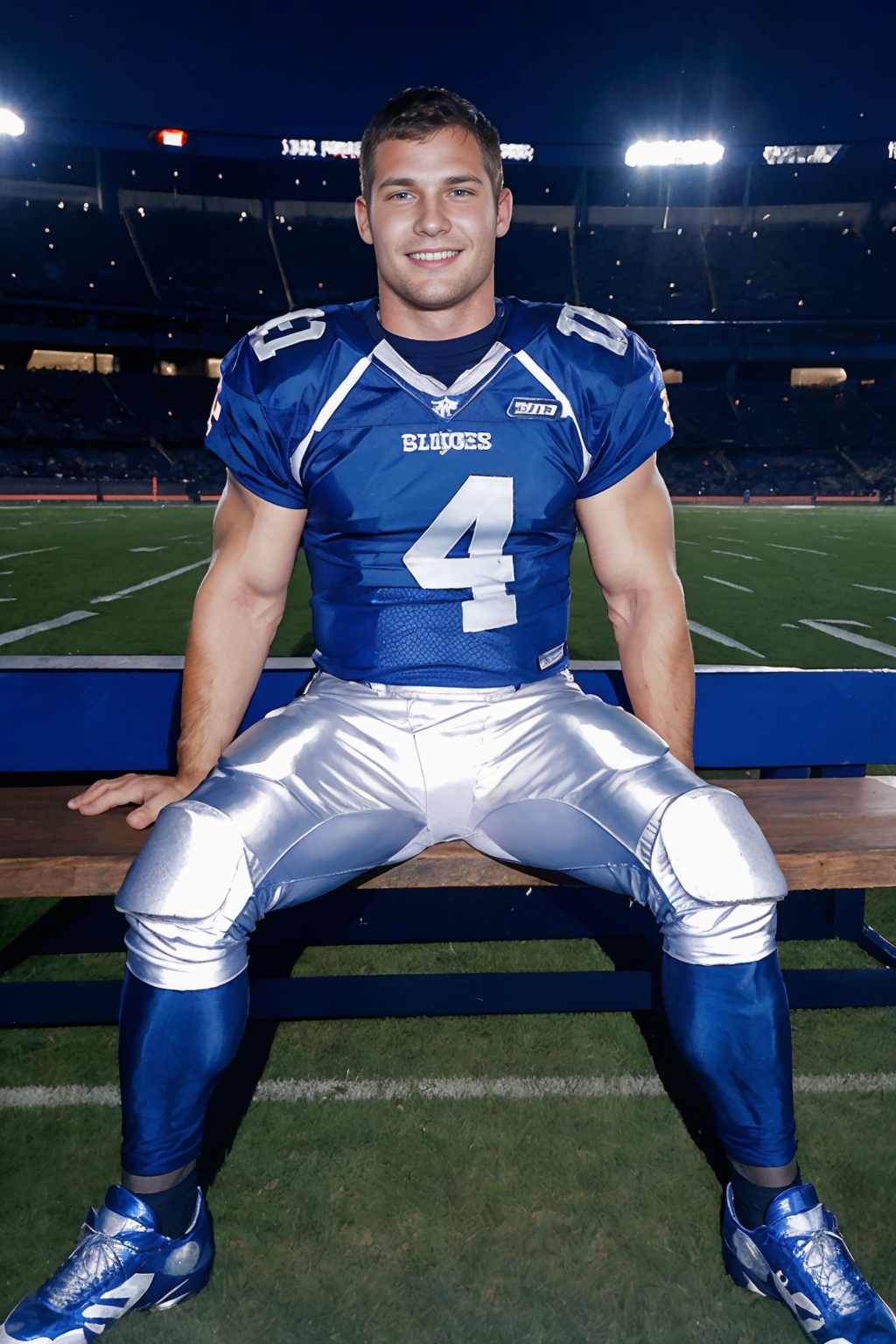 on the sideline of an American football field,  sitting on a bench,  legs spread open on Tensor.Art
