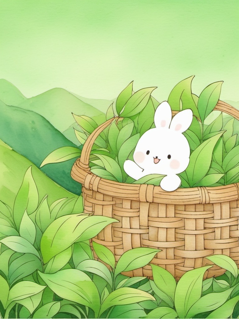 tuzi,A whimsical watercolor scene with a wicker basket brimming with lush green leaves. A cute,fluffy white bunny with big eyes and a tiny red heart sits on the basket's edge,waving cheerfully. A smaller bunny chills inside,surrounded by more leafy goodness. A tiny orange cat with big,curious eyes and a basket of its own peeks from behind the wicker,adding a dash of mystery. The background features soft,pastel green hills,creating a chill,nature-filled vibe. The whole scene is playful and charming,perfect for a storybook illustration.,,<lora:tuzi_v1:0.8>