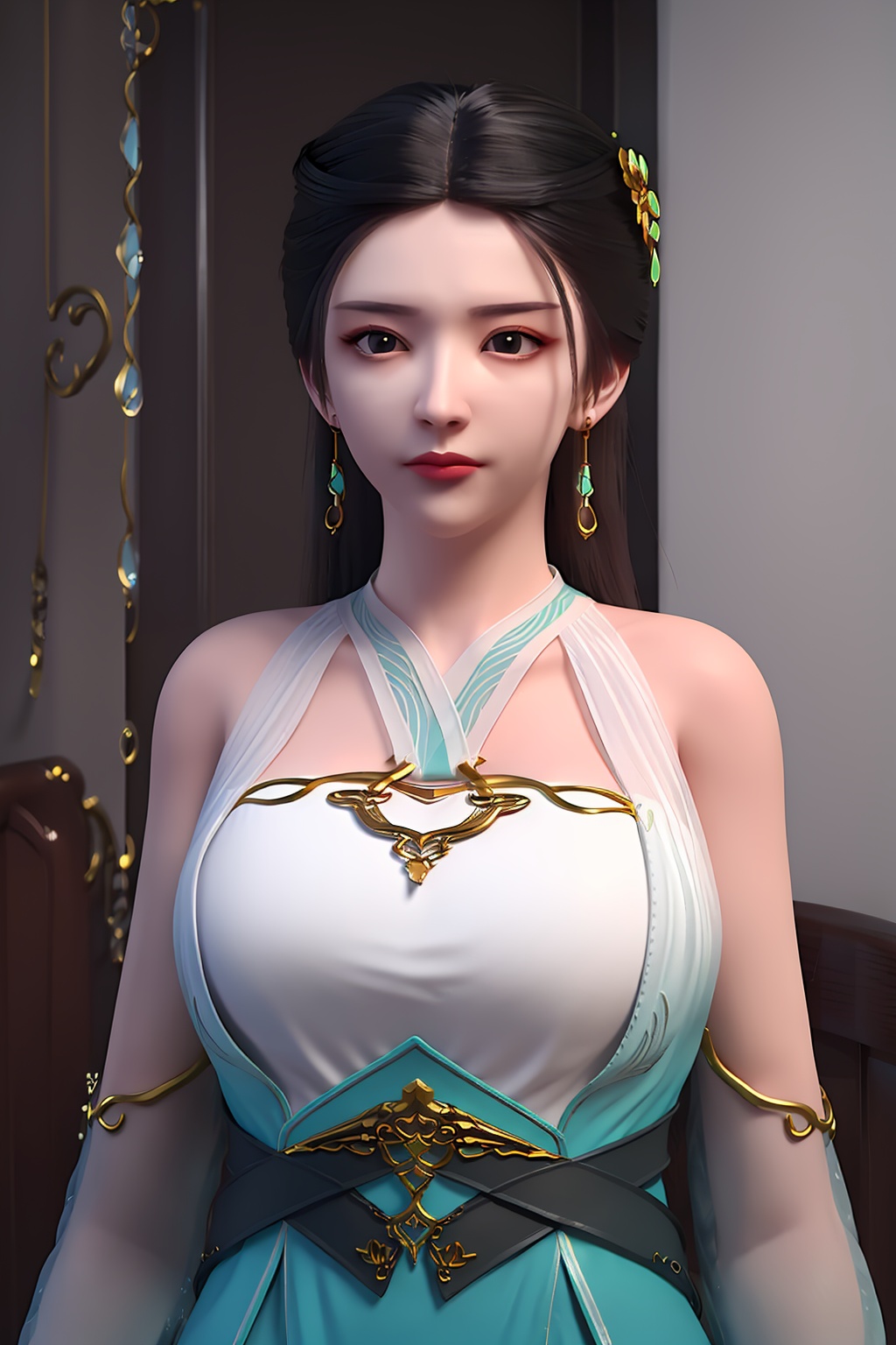 3D,masterpiece,(best quality),(makeup),official art, extremely detailed cg 8k wallpaper,((crystalstexture skin)), (extremely delicate and beautiful),(highly detailed),(face),(gold_trim),(1girl), (solo), (jewelry), (earrings),(black_hair),(long_hair),(hair_ornament),(handwear),(breasts),((upper_body)),(bare_shoulders),(closed_mouth),(off-shoulder_dress),(multicolored_clothes),(multicolored_dress),(shiny_clothes),(city,indoor),,((looking_at_viewer)),((Facing the camera)),, <lora:hipoly3DModelLora_v10:0.3>