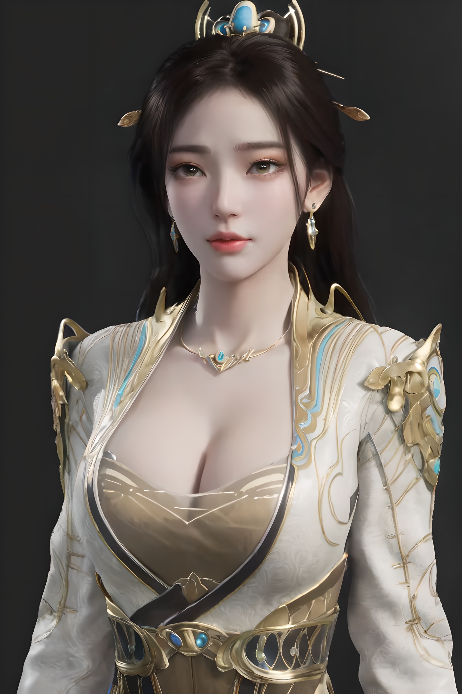 score_9,score_8_up,score_7_up,incredibly absurdres,<lora:SF_YaoXi_Pony-000002:0.7>,1girl,solo,dress,large breasts,full_shot,lips,jewelry,earring,long hair,looking at viewer,white background,