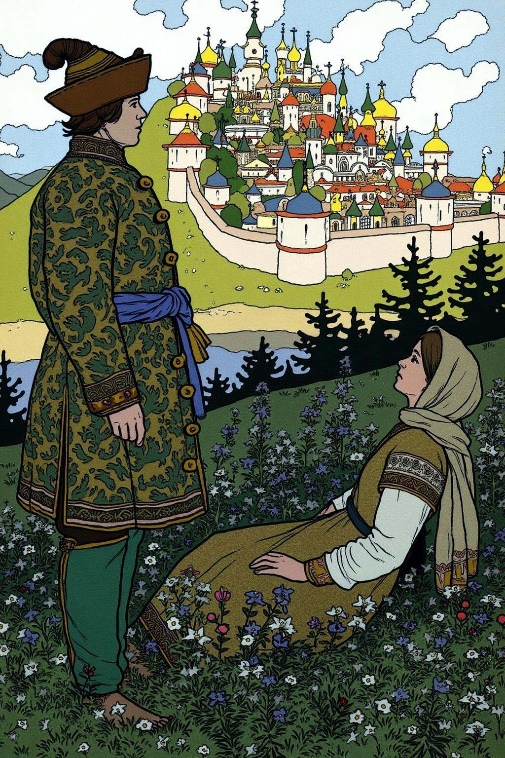 ivanbilibin1 illustration.On the right is a richly dressed man shown in side profile view. On the left is a woman wearing...