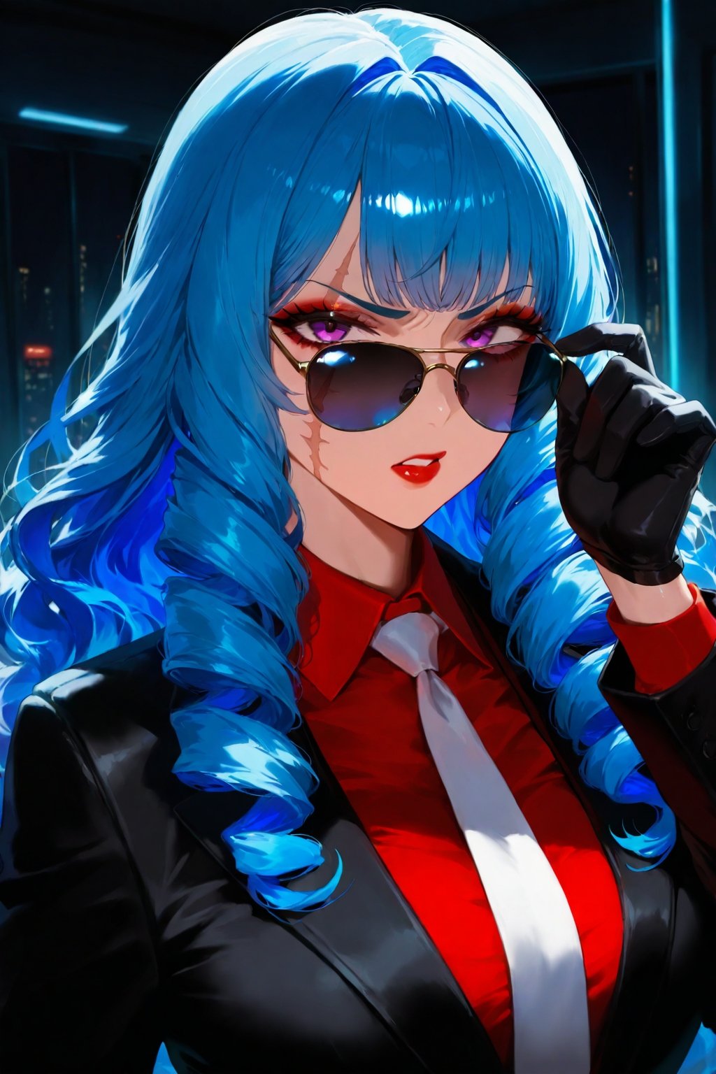very awa,  mature woman, 1girl, solo, looking at viewer, upper body, wearing sunglasses, adjusting sunglasses, red lips, blue hair, long hair, wavy hair, curly hair, purple eyes, scar on face, curly bangs, choppy bangs, black suit, white tie, red shirt, black gloves, indoors, dark room, cyberpunk, tsundere, angry, eyeshadow, mascara, colored inner hair, masterpiece, best quality, absurdres, very aesthetic, amazing quality, newest
