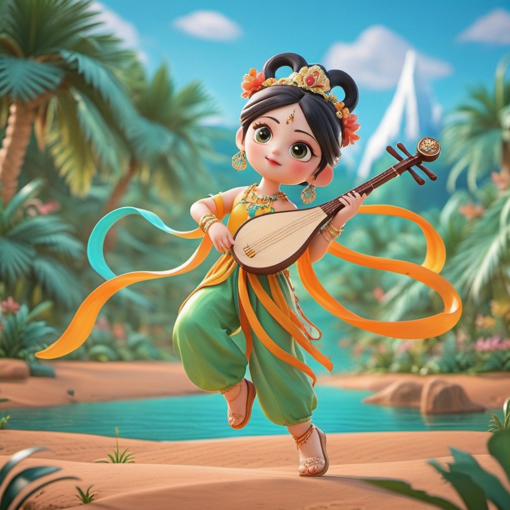Q edition,shinv,A cute,young Asian girl with big,expressive eyes and long black hair styled in twin buns,decked out with a flower crown. She's rocking a vibrant,traditional Indian outfit in yellow,orange,and pink with a matching headscarf. She's holding a lute and surrounded by lush,tropical plants and a clear blue sky with distant snow-capped mountains. The scene is bright and lively,with a whimsical,fairy-tale vibe.,<lora:shinv_v1:0.8>,