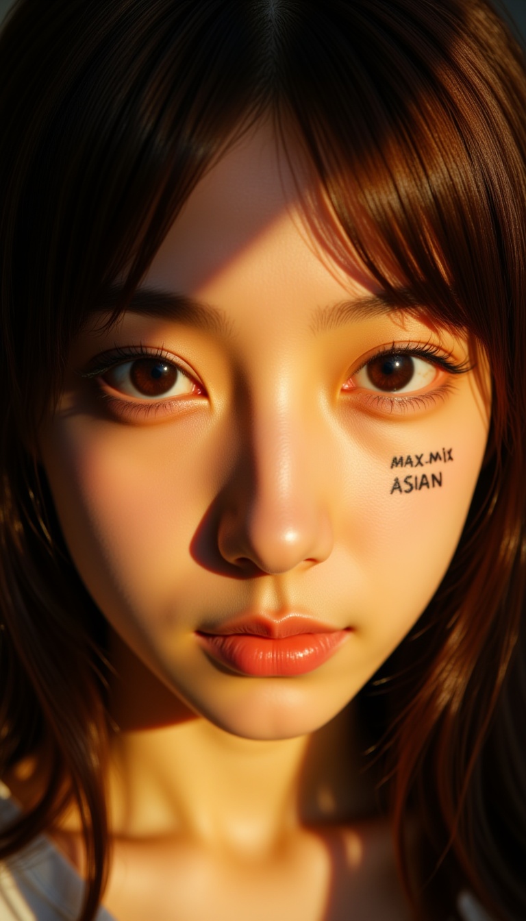 Close-up shot of a Japanese girl with rich brown hair,  "Max-Mix ASIAN" stylish tattoo on cheek,  illuminated by warm sunl...