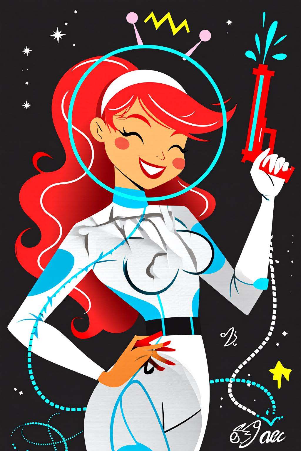 flatcolorvectorart2q illustration.A smiling young woman is dressed in a white and blue space-themed outfit. She has long,...