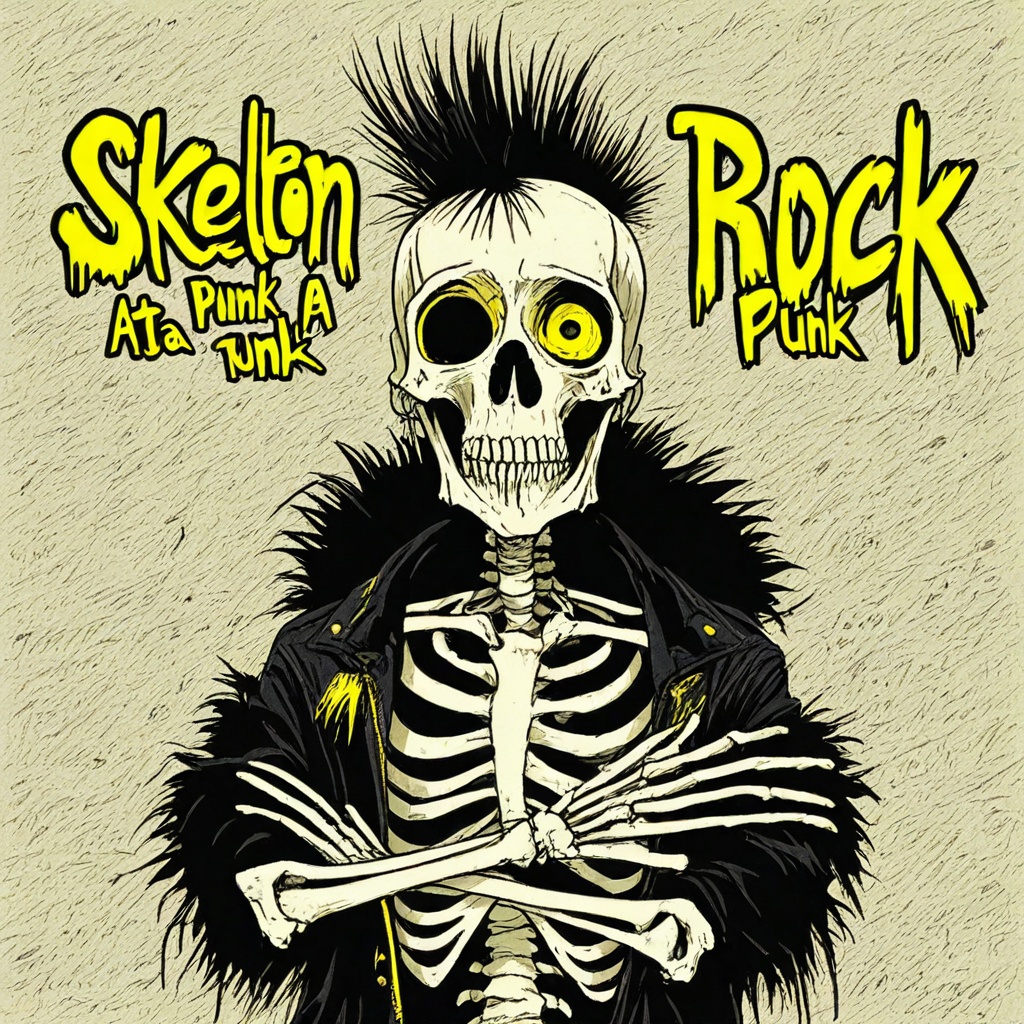 skeleton punk,  skeleton,  featuring a skeletal figure with a punk rock aesthetic. The background is a vivid on Tensor.Art