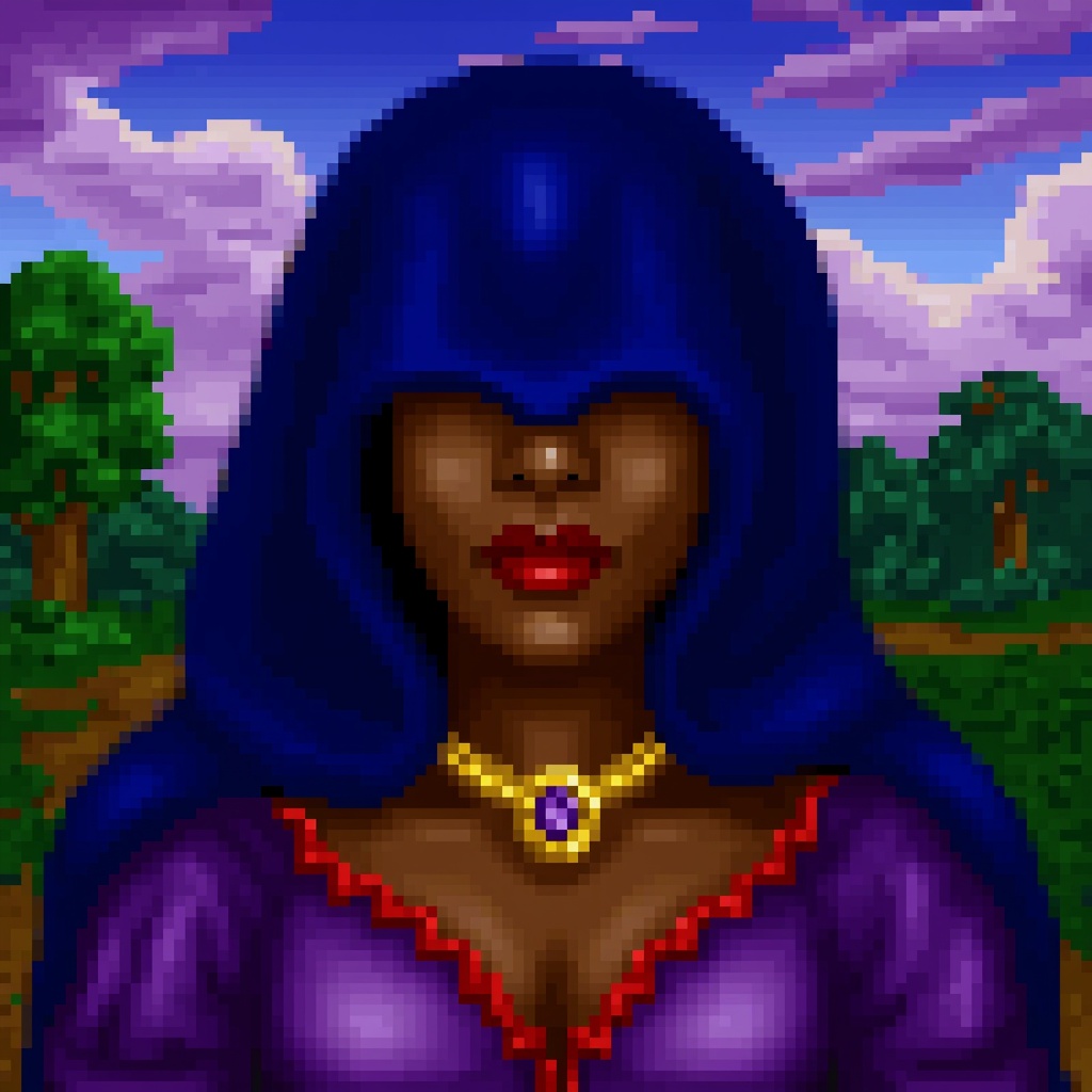 Original HoMM2 style portrait of a sorceress with dark skin,  partially obscured by a deep blue hooded cloak. The cloak co...