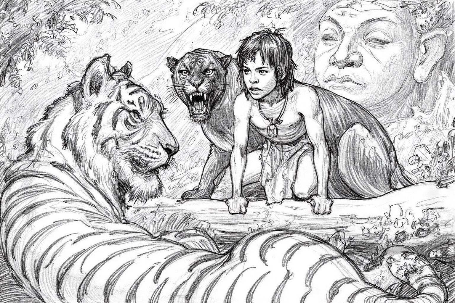 pencil sketch.Mowgli from The Jungle Book,  a young boy wearing a loincloth,  is crouching on a branch. There is a black p...