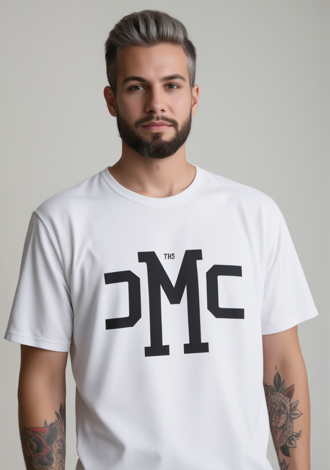 a handsome man with grey hair and a full beard wearing a white t-shirt,  with tattoos,  . on Tensor.Art