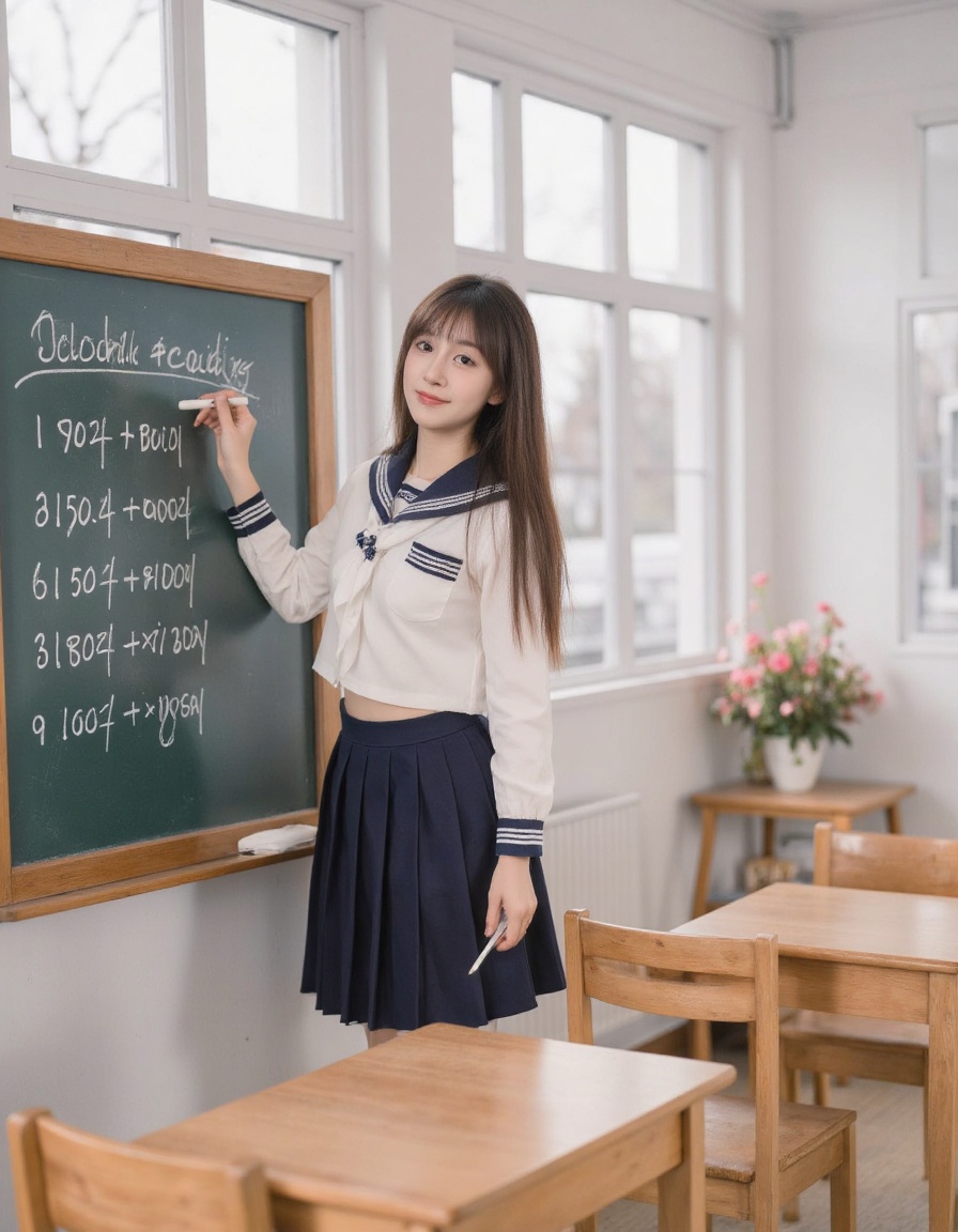A cute young woman wearing a Japanese sailor school uniform,  posing adorably in a Japanese classroom. She stands with a c...