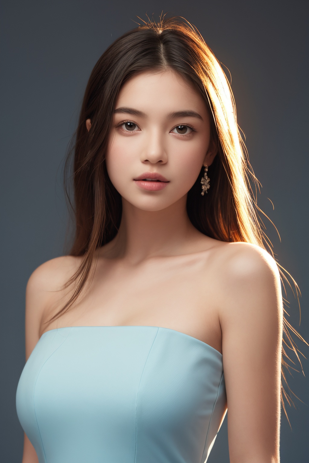 girl, upper body, looking at viewer, dress, simple background, <lora:AgainChangeFaceLora:-1>