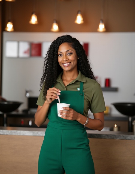 she wears a starbucks uniform and serves coffee in a starbucks sarai minx,  a dark skin woman with black hair. on Tensor.Art