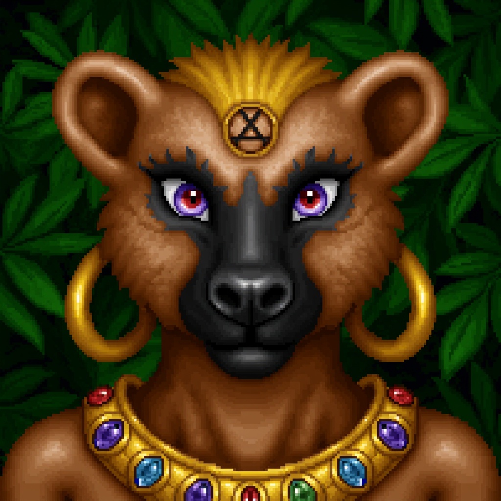 Original HoMM2 style portrait of an anthropomorphic gnoll Mesoamerican witch with a blend of hyena and human traits. She h...