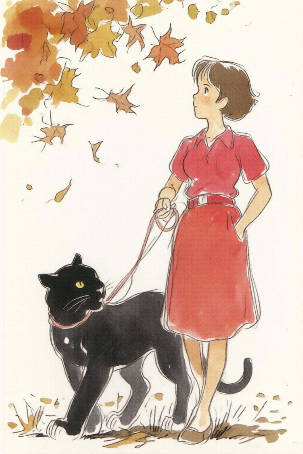 hayaomiyazaki3q illustration.A woman,  wearing a short-sleeved shirt and red jean miniskirt,  walking a black panther on T...