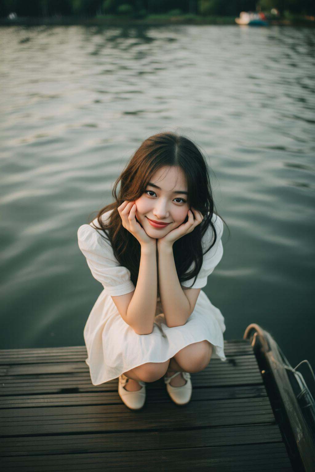 midjourneyhighangle13q High angle view. A young Chinese woman squatting on a wooden dock by the water. She is wearing a wh...