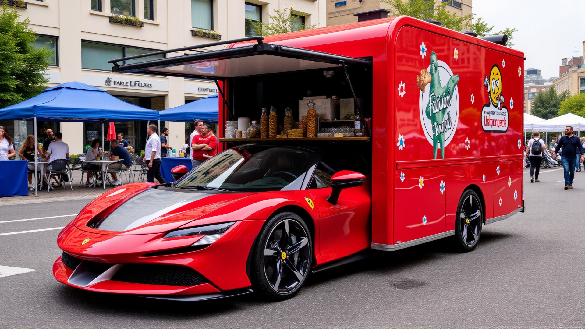 A quirky scene where the aidmaFerrariSF90 is transformed into a food truck at a street festival. The rear hatch is open,...