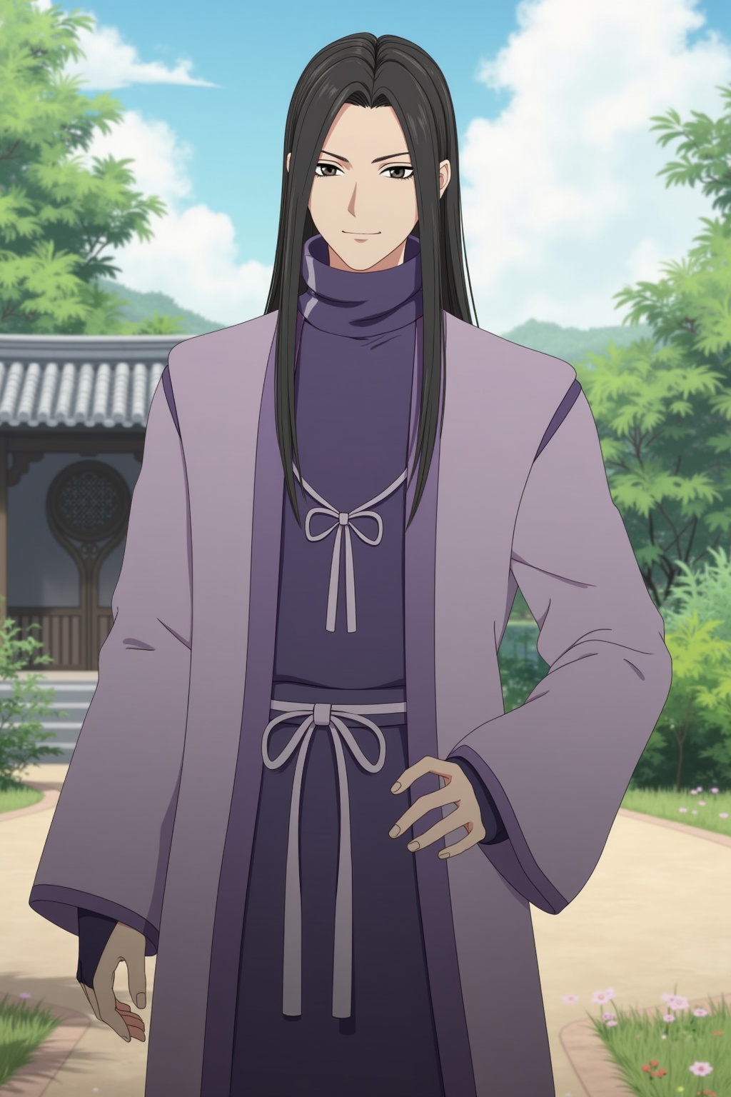 2D style,1boy,chinese clothes,outdoors,upper body,long hair,black hair,black eyes,