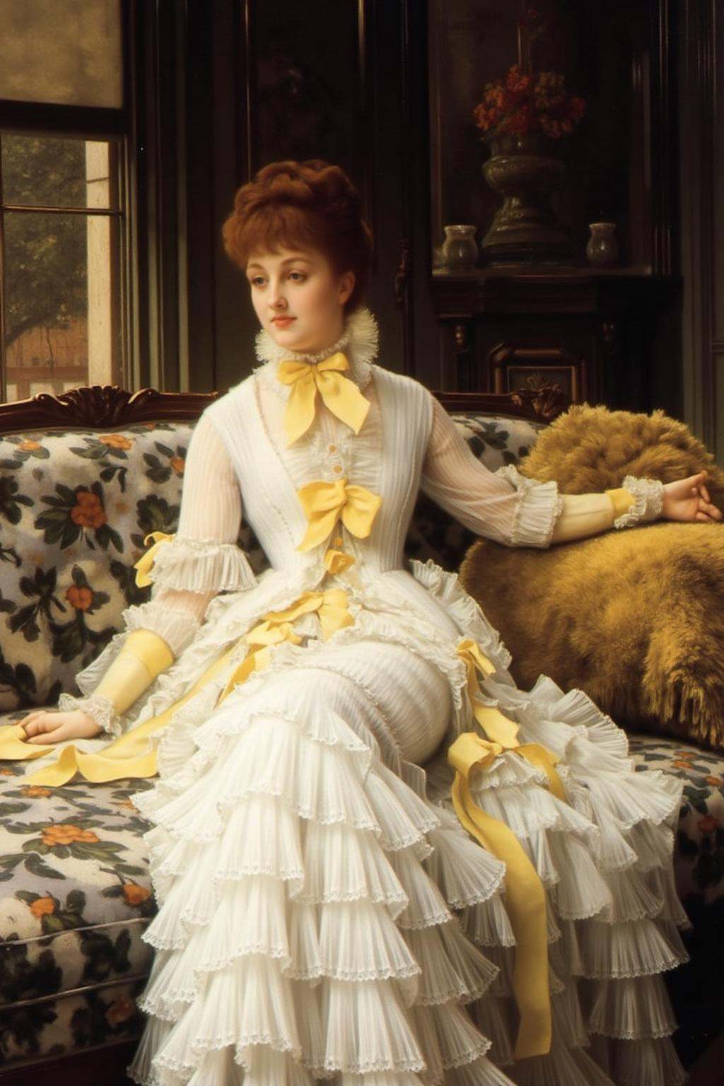 jati1 painting A woman reclining on a cushioned sofa. The woman,  with fair skin and auburn hair styled in loose waves,  i...