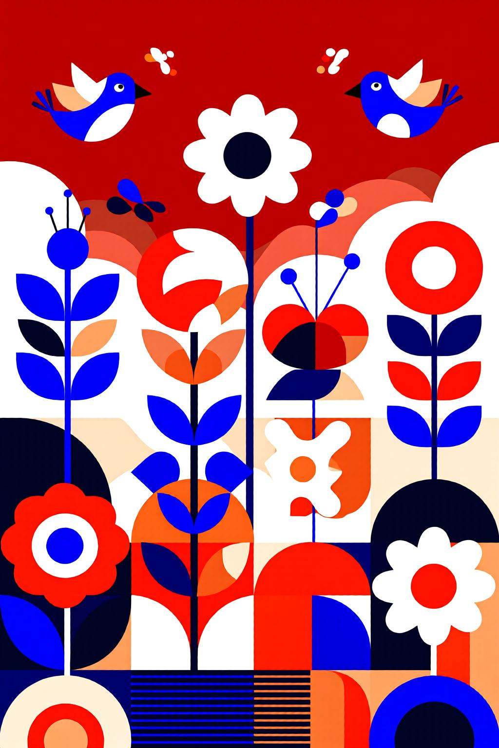 flatcolorvectorart2q illustration.An abstract scene features a variety of flowers and plants in shades of red,  blue,  and...