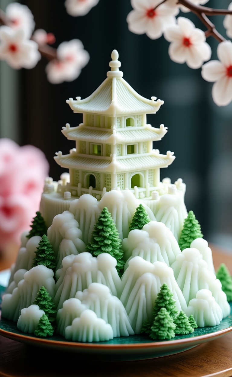 miluo_zsyd, Photograph of a detailed, white, multi-tiered pagoda cake adorned with green and white icing. Surrounding the pagoda are small, intricately designed trees and clouds made from white icing. The cake sits on a green ceramic plate. The background features a blurred, dark setting with hints of cherry blossoms, adding a serene, traditional Japanese aesthetic. The overall scene exudes a tranquil, festive atmosphere.<lora:米洛-中式盘中餐-flux-12.7:1>
