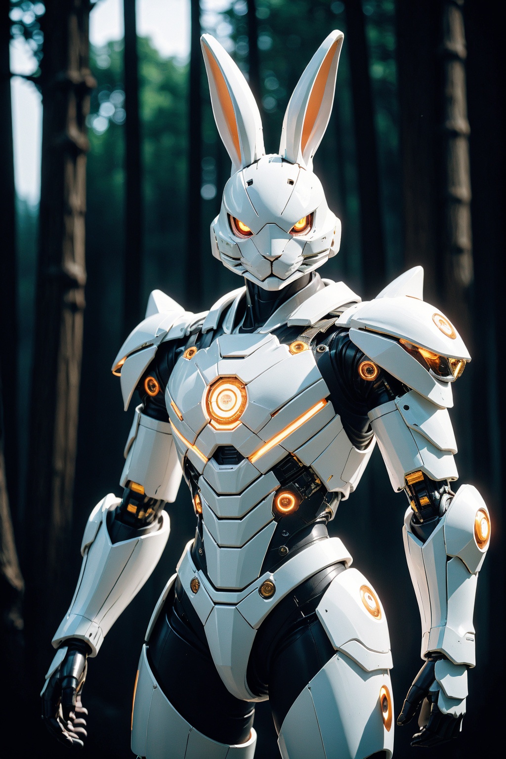 robot, glowing, rabbit, rabbit ears, animal ears, solo, glowing eyes, mecha, weapon, open hands, science fiction, forest, looking at viewer, nature, no humans, weapon on back, orange eyes, blurry, standing, armor, tree, blurry background, sword, outdoors, humanoid robot, straight-on, night, virtual youtuber, red eyes