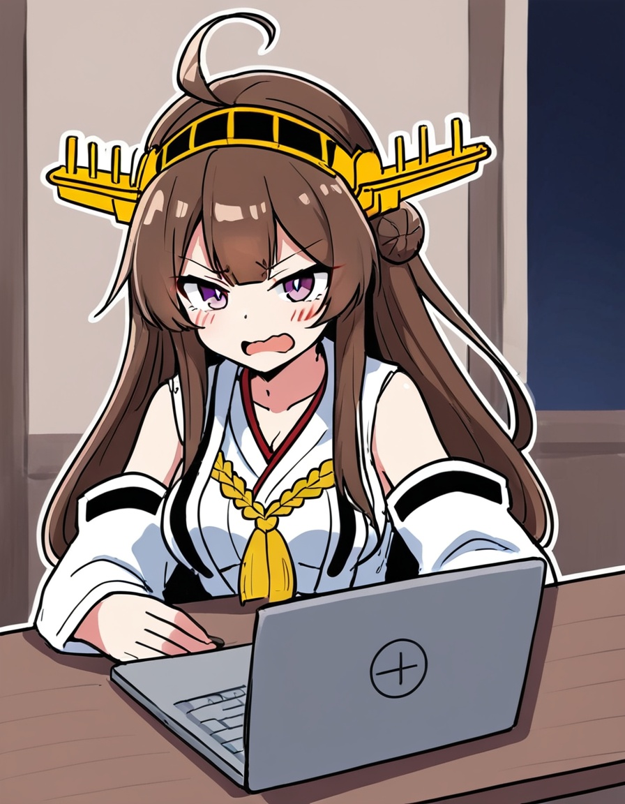 zmgwshnmspfd, 1girl, kongou \(kancolle\), kantai collection,zmgwshnmspfd, ahoge, brown hair, hairband, long hair, hair bun, double bun, headgear, breasts, purple eyes, laptop, skirt, miniskirt, frilled skirt, looking at viewer, nontraditional miko, zettai ryouiki, sitting, smile, computer, ribbon trim, frills, open mouth, solo, hair ornament, detached sleeves, ribbon-trimmed sleeves, :d, black thighhighs, wide sleeves, chair, bare shoulders, japanese clothes, thighhighs, blush stickers, medium breasts<lora:zmgwshnmspfd:1>​​​