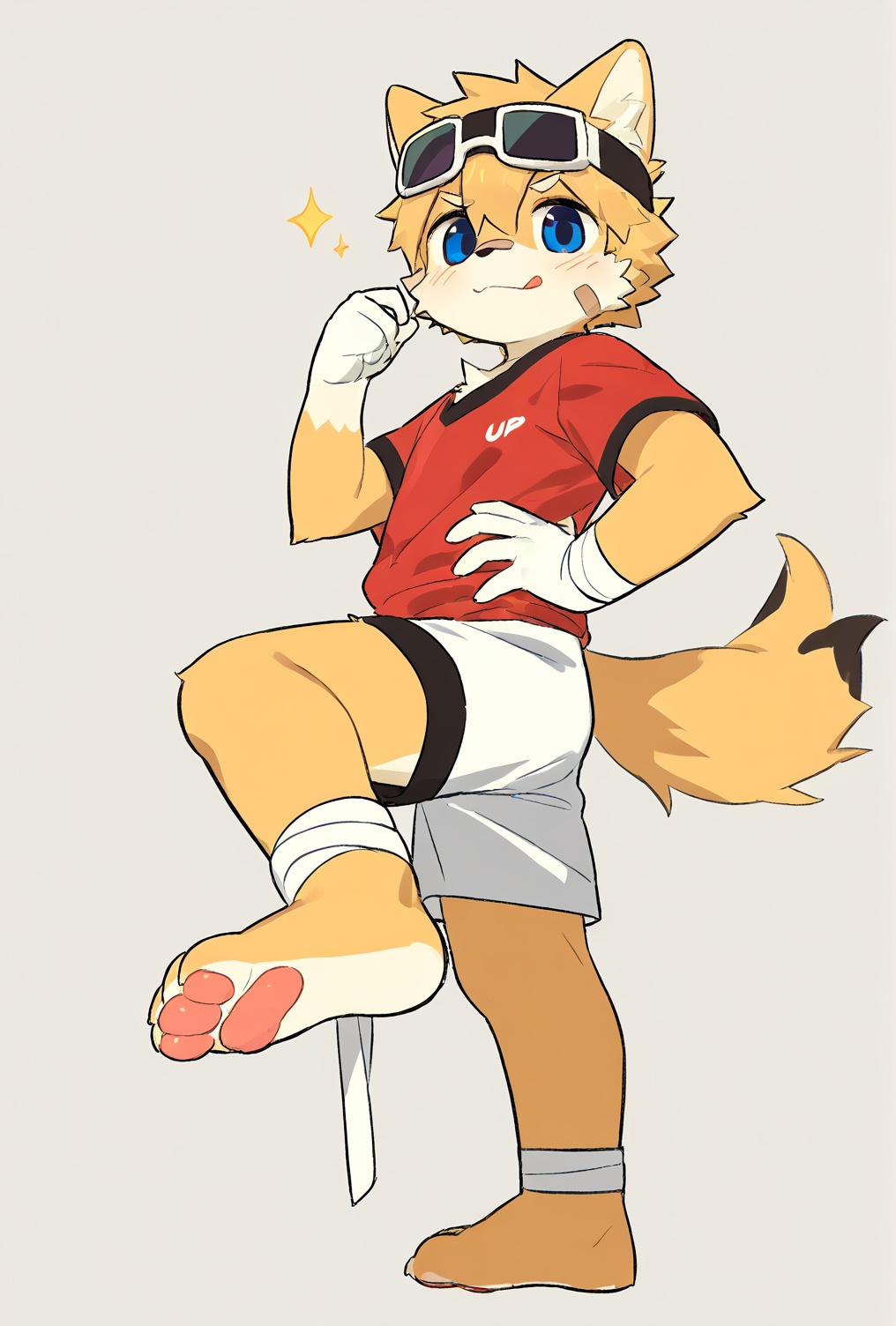 solo,male_child,shota.BREAK,[bandage on left foot],(red t-clothes),(shorts) BREAK (prefect_feets,prefect_hands,prefect_eyes:1.05),wide-angle,[looking at viewer],simple background,(hand on own hip),leg up,soles focus BREAK score_9,score_8_up,score_7_up,score_6_up,score_5_up,body fur,anthro,furry,