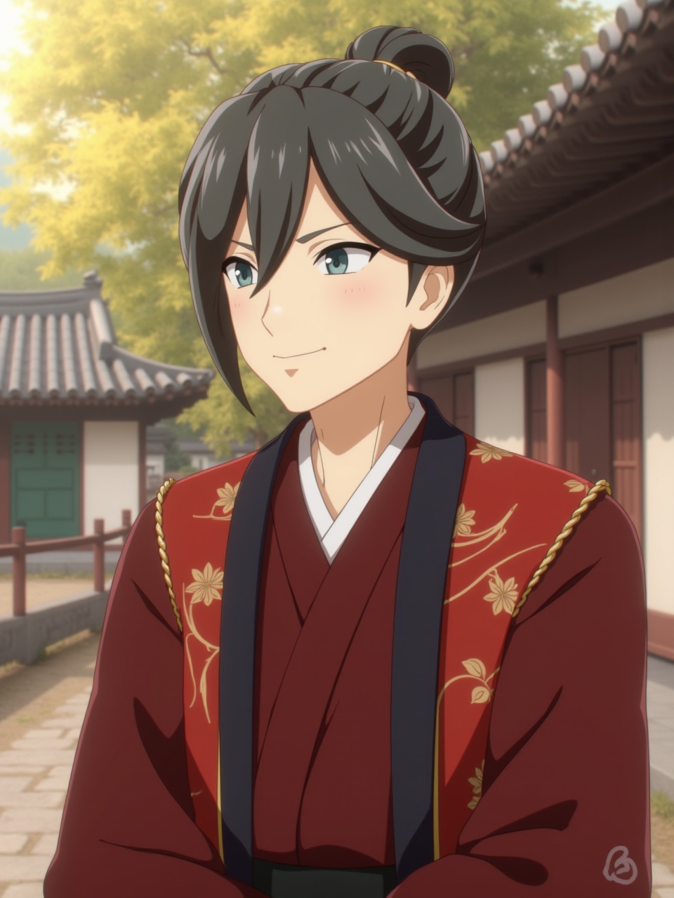 2D style,A boy with black hair is wearing Chinese clothes outdoors,smile