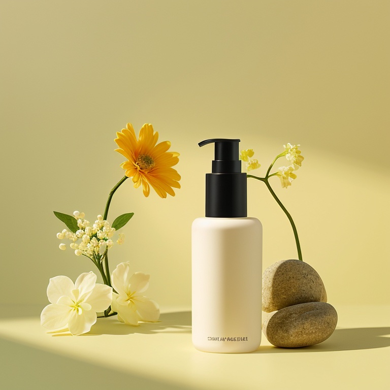 Makeup bottle, flowers, sunshine, minimalist background,
