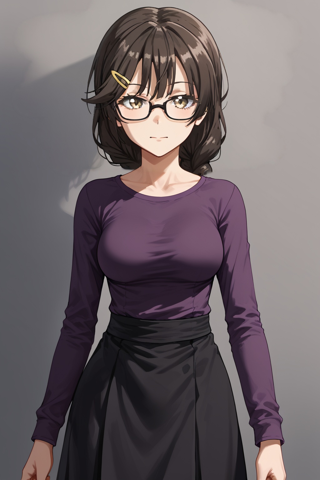 nanana, long hair, black hair, brown hair, braid, hairclip, bangs,glasses<lora:nanana-pony:0.8>