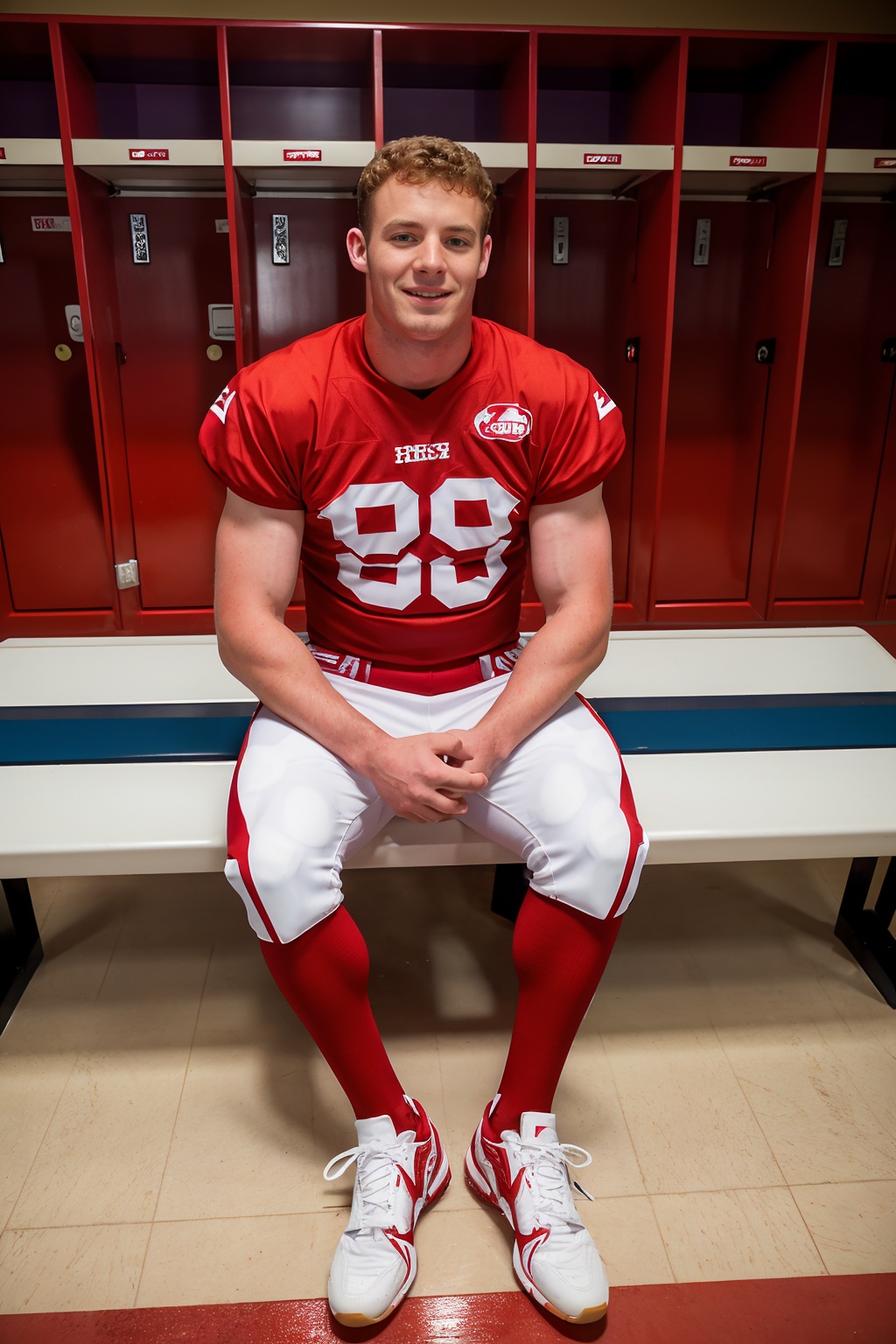 locker room,  lockers in the background,  sitting on a bench on Tensor.Art