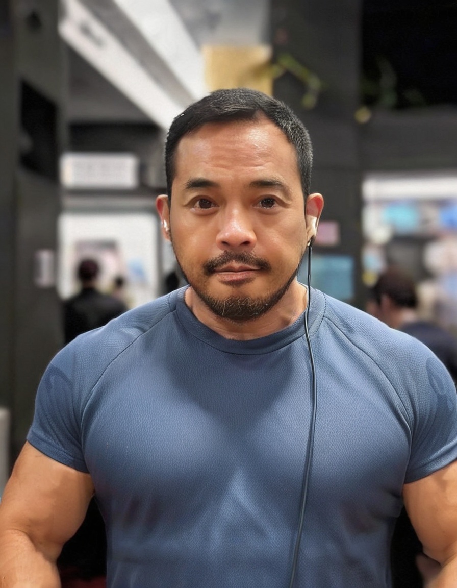 (score_9, realistic, score_8_up:1.3), score_7_up, raw, photo realistic,  HD,8K,black eyes, blurry, cnjipan, earphones, large pectorals, looking at viewer, male focus, nipples, phone, realistic, shirt <lora:SDXL_亚洲壮男CNJIPAN.ta:1> EyeDetail-SDXL