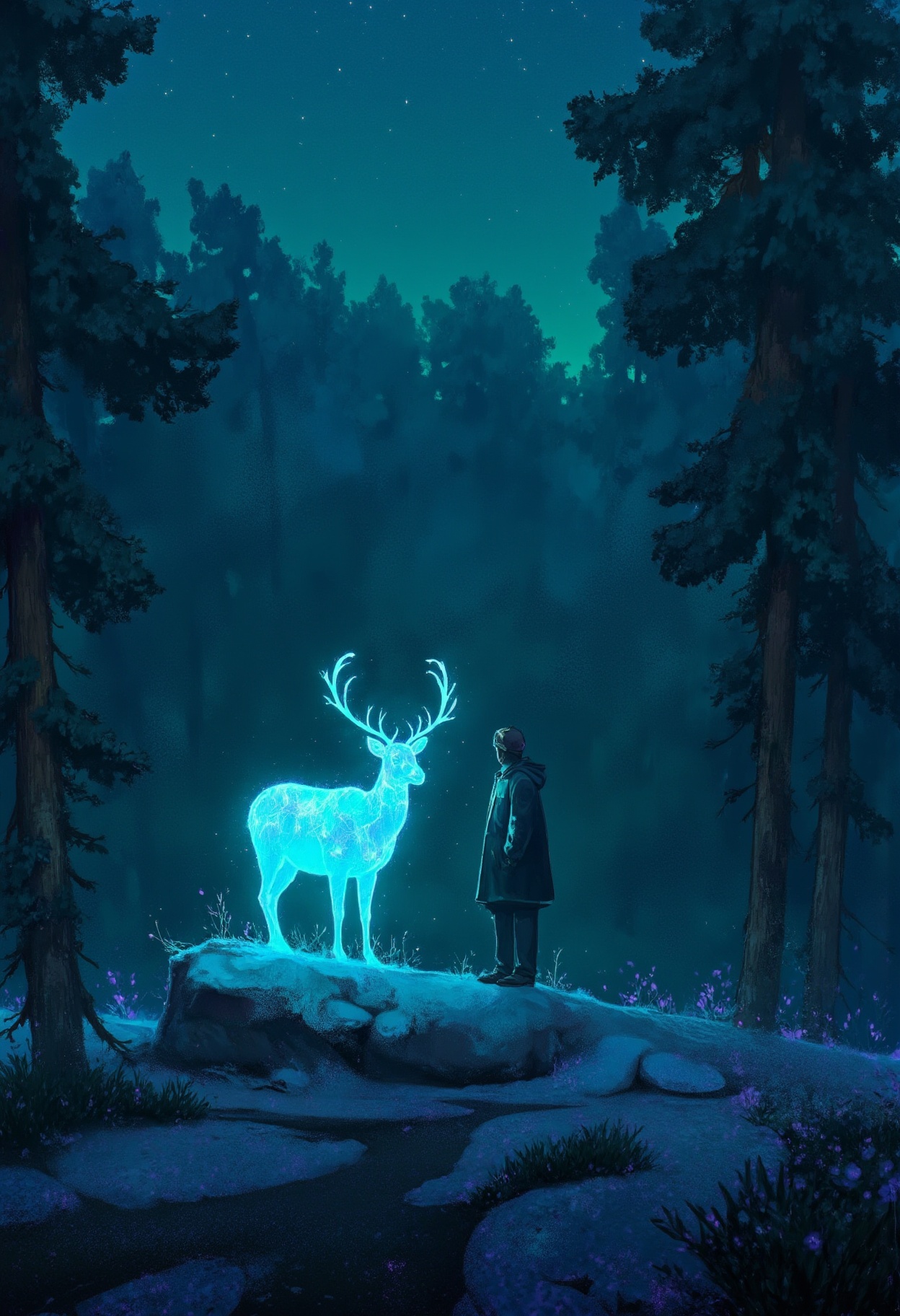 sc3n1ch0r1s0ns,  the overall mood is peaceful and enchanting with the glowing deer serving as the focal point. the color p...