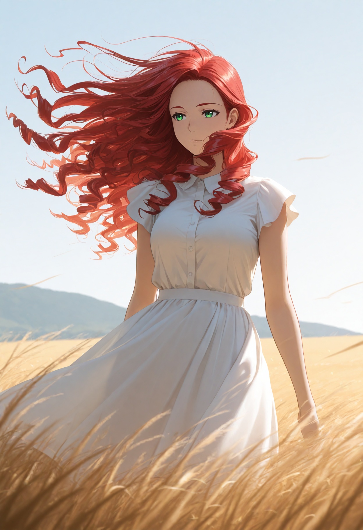 1girl,  green eyes,  curly red long hair on Tensor.Art