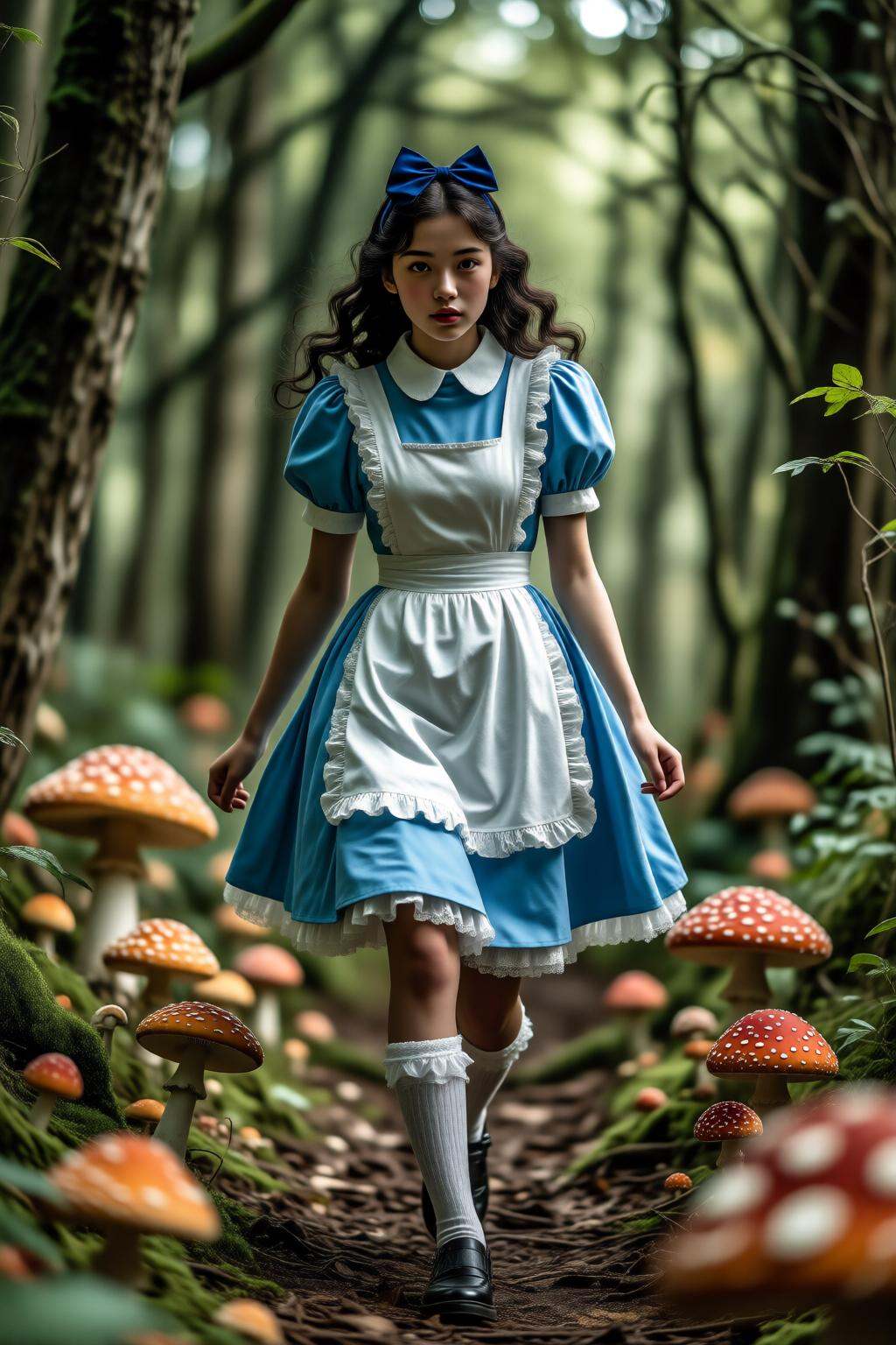 midjourneymix10q photograph. 3/4 view of a Japanese teenager with wavy long dark hair and dark blue Alice band,  dressed a...
